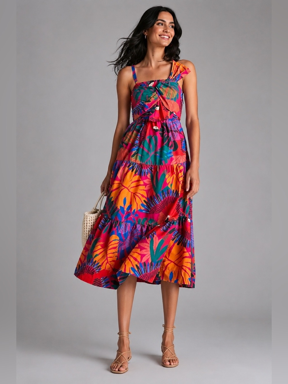 ✨🌴 Farm Rio Tropical Print Bow Front Tiered Midi Dress Size‎ Small 🌺🍹✨